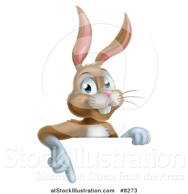 Vector Illustration of a Happy Brown Easter Bunny Rabbit Pointing down over a Sign