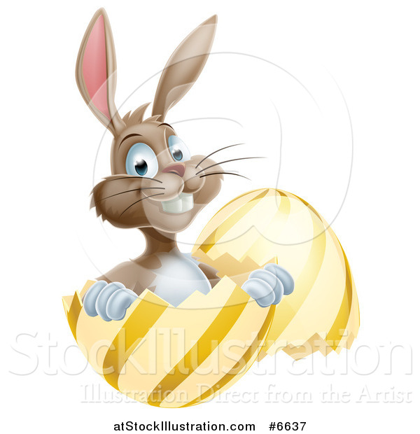 Vector Illustration of a Happy Brown Easter Bunny Sitting and Pointing in a Gold and Yellow Egg Shell