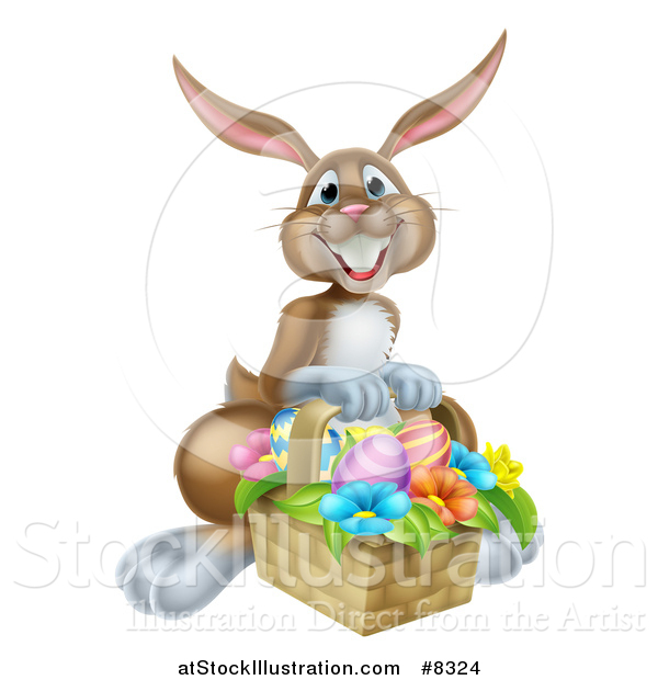 Vector Illustration of a Happy Brown Easter Bunny with a Basket of Eggs and Flowers