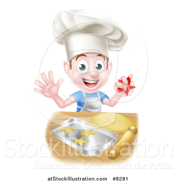 Vector Illustration of a Happy Brunette Caucasian Boy Baking Cookies