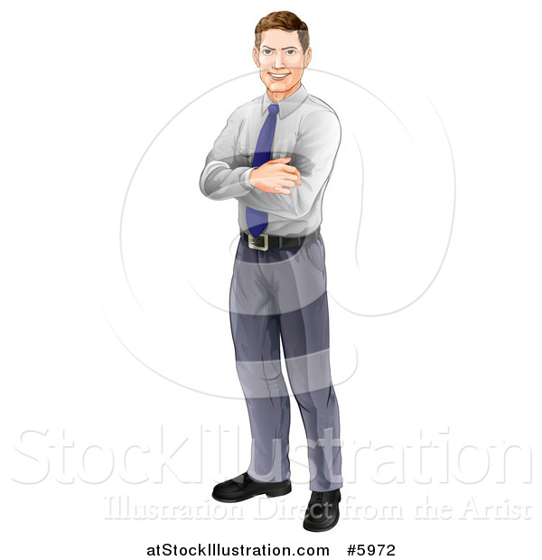 Vector Illustration of a Happy Brunette Caucasian Businessman Standing with Folded Arms