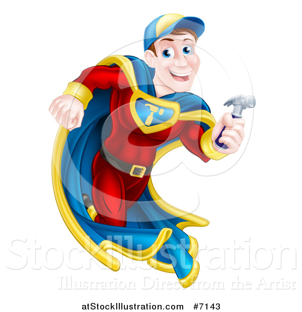 Vector Illustration of a Happy Brunette Caucasian Carpenter Worker Man Super Hero Running with a Hammer