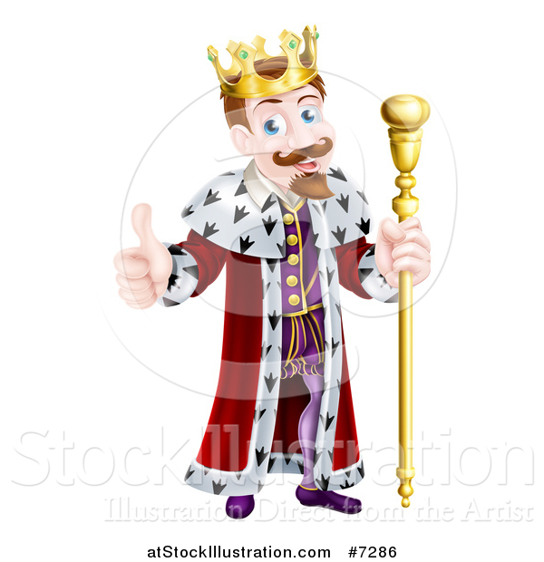 Vector Illustration of a Happy Brunette Caucasian King Giving a Thumb up and Holding a Staff