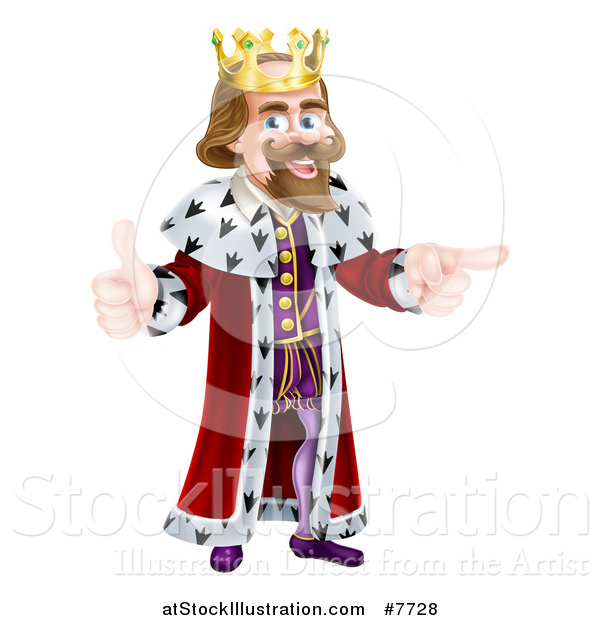 Vector Illustration of a Happy Brunette Caucasian King Giving a Thumb up and Pointing to the Right 2