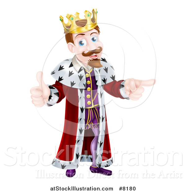 Vector Illustration of a Happy Brunette Caucasian King Giving a Thumb up and Pointing to the Right