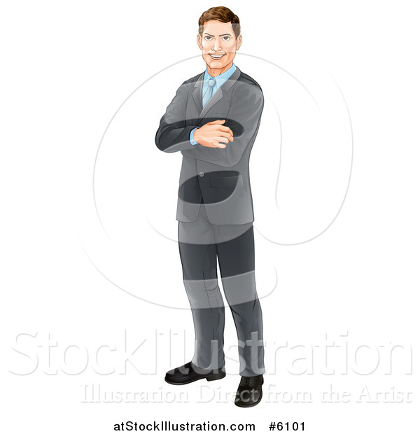 Vector Illustration of a Happy Brunette Caucasian Professional Businessman Standing with Folded Arms