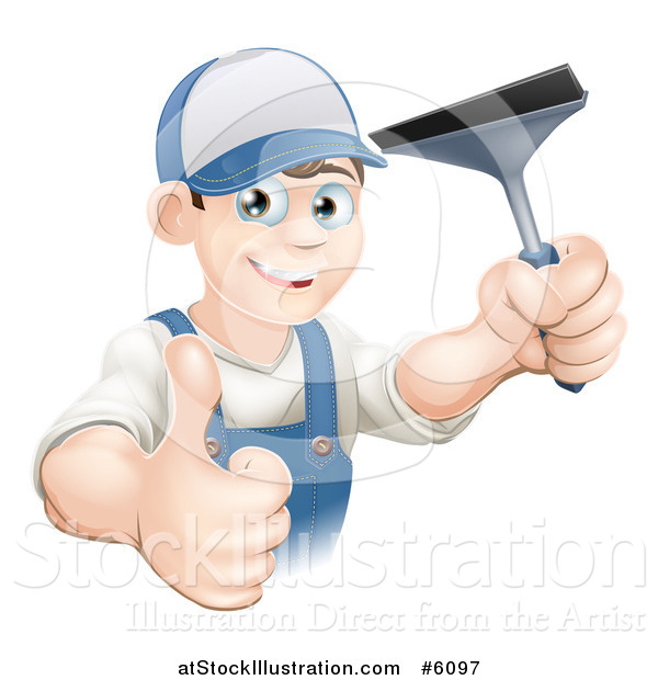 Vector Illustration of a Happy Brunette Caucasian Window Cleaner Man Holding a Squeegee and Thumb up
