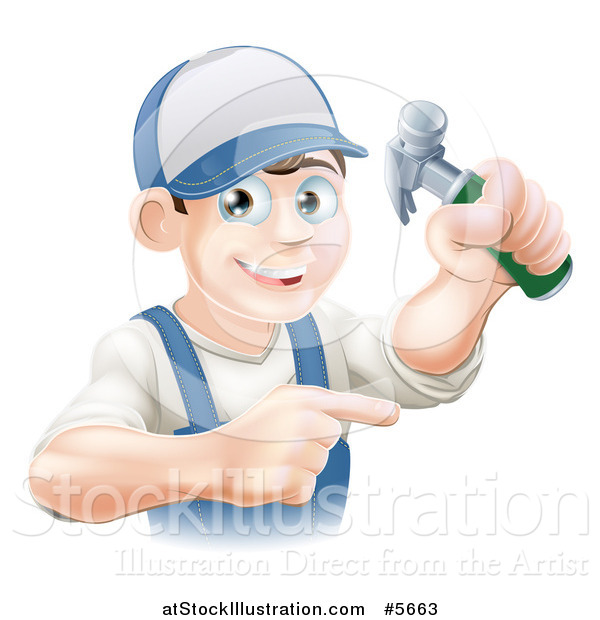Vector Illustration of a Happy Brunette Caucasian Worker Man Holding a Hammer and Pointing