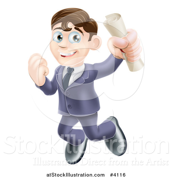 Vector Illustration of a Happy Brunette Graduate Business Man Jumping and Holding a Diploma