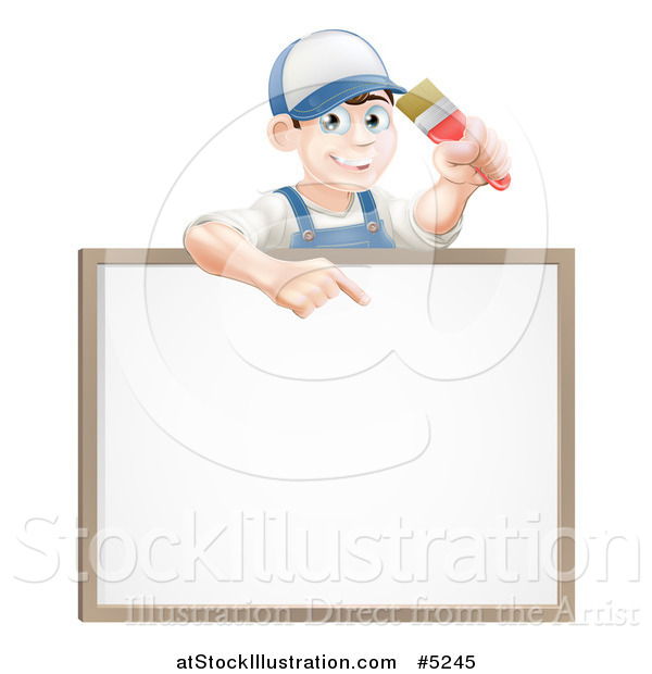 Vector Illustration of a Happy Brunette Male House Painter Holding a Brush and Pointing down to a White Board Sign
