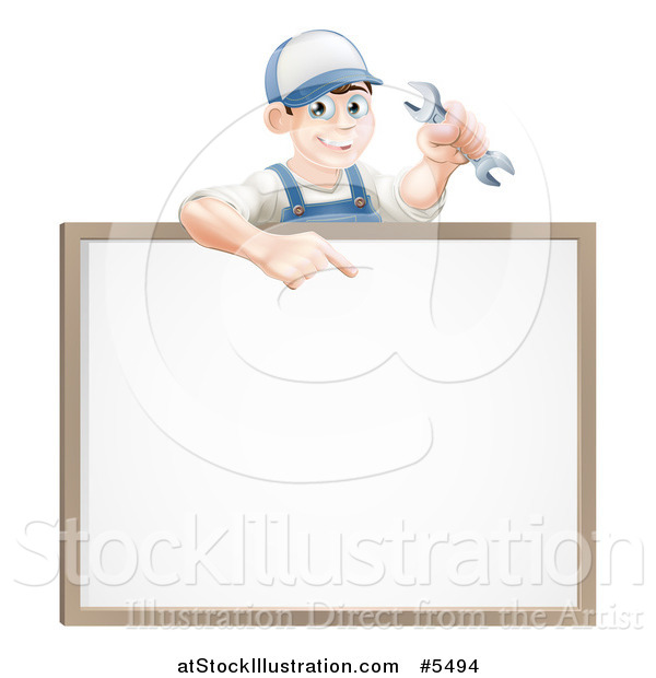 Vector Illustration of a Happy Brunette Mechanic Man Holding a Wrench and Pointing over a White Board Sign