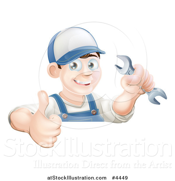 Vector Illustration of a Happy Brunette Mechanic Man Wearing a Hat, Holding a Wrench and a Thumb up