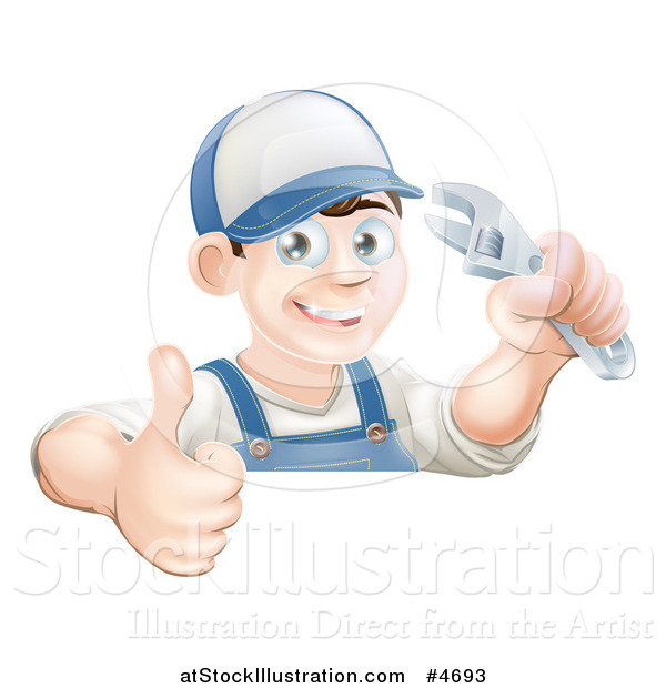 Vector Illustration of a Happy Brunette Mechanic Man Wearing a Hat, Holding an Adjustable Wrench Wrench and a Thumb up