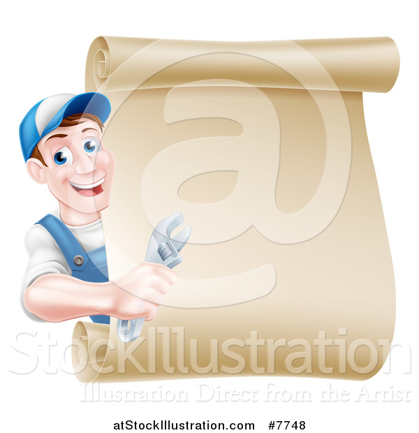 Vector Illustration of a Happy Brunette Middle Aged Caucasian Mechanic Man in Blue, Holding an Adjustable Wrench and Looking Around a Blank Scroll Sign