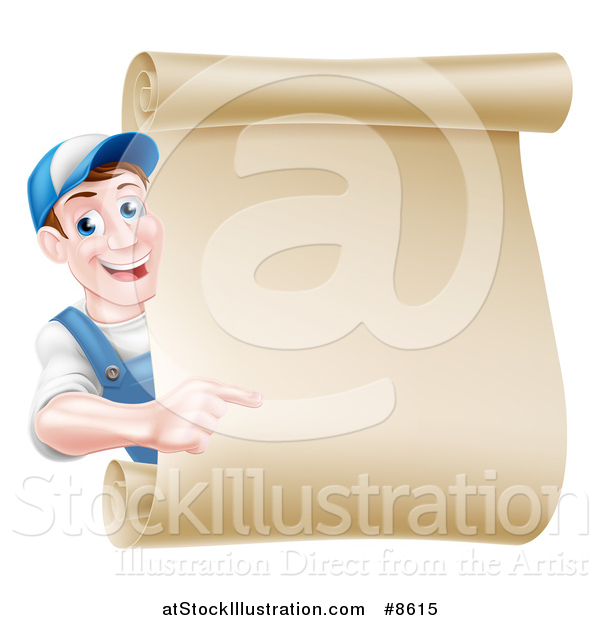 Vector Illustration of a Happy Brunette Middle Aged Caucasian Mechanic Man in Blue, Pointing Around a Blank Scroll Sign