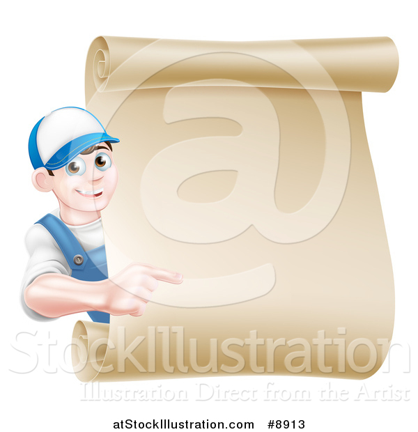 Vector Illustration of a Happy Brunette Middle Aged Caucasian Mechanic Man in Blue, Pointing Around a Blank Scroll Sign