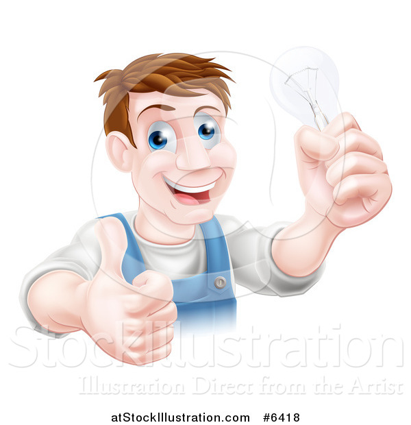 Vector Illustration of a Happy Brunette Middle Aged White Male Electrician Giving a Thumb up and Holding a Light Bulb over a Sign