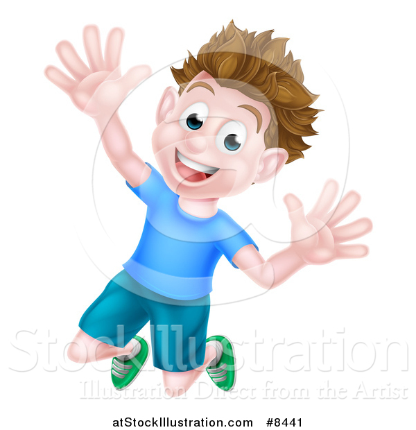 Vector Illustration of a Happy Brunette White Boy Jumping with Excitement and Joy