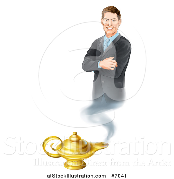 Vector Illustration of a Happy Brunette White Businessman Genie with Folded Arms, Emerging from a Lamp