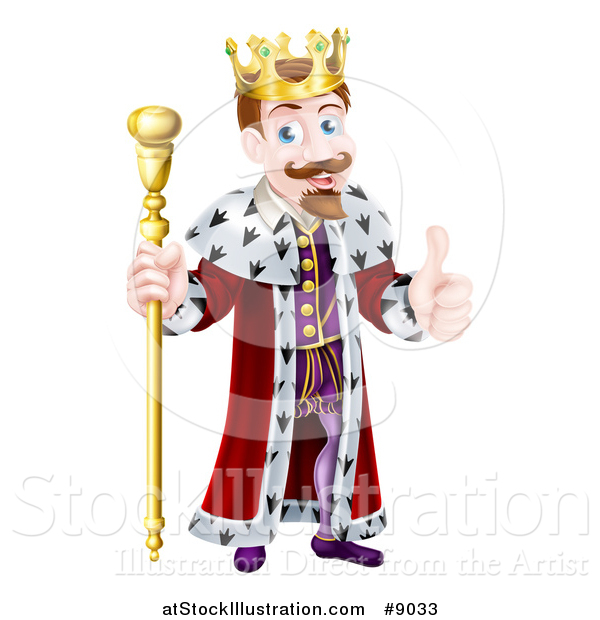 Vector Illustration of a Happy Brunette White King Giving a Thumb up and Holding a Gold Sceptre