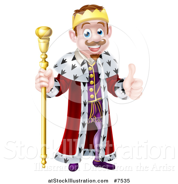 Vector Illustration of a Happy Brunette White King Giving a Thumb up and Holding a Staff