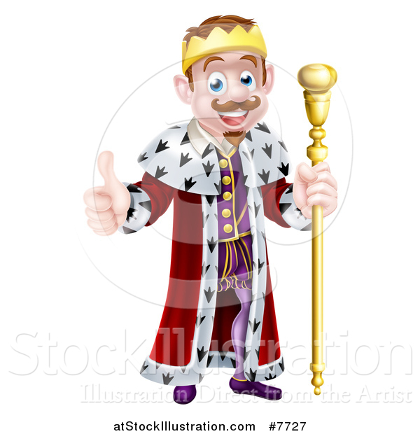 Vector Illustration of a Happy Brunette White King Giving a Thumb up and Holding a Staff