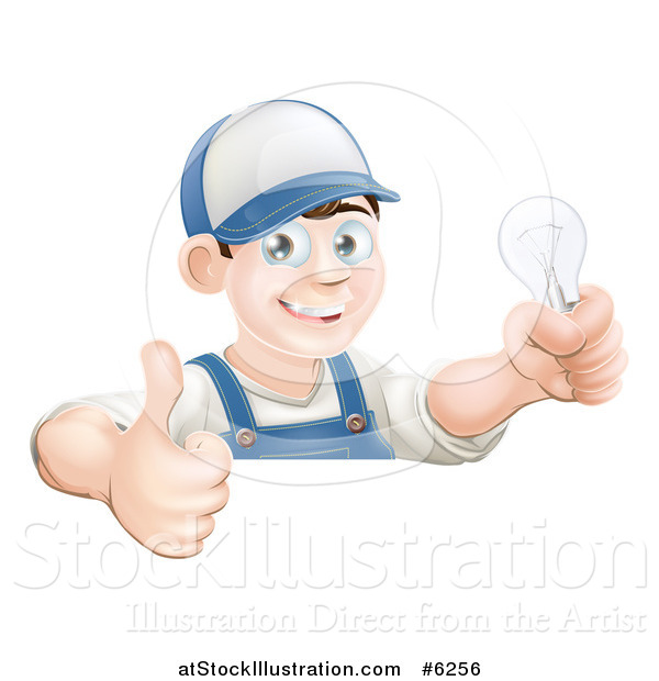 Vector Illustration of a Happy Brunette White Male Electrician Giving a Thumb up and Holding a Light Bulb over a Sign