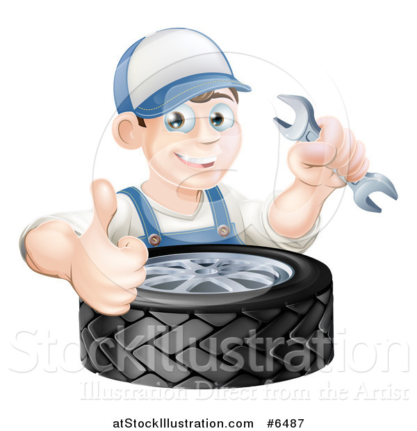 Vector Illustration of a Happy Brunette White Mechanic Man Holding a Wrench and Thumb up over a Tire