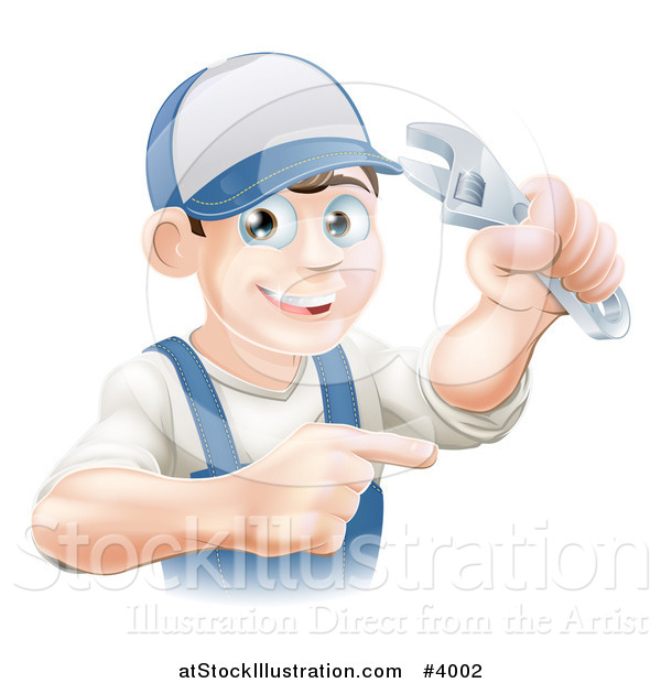 Vector Illustration of a Happy Brunette Worker Man Holding a Wrench and Pointing