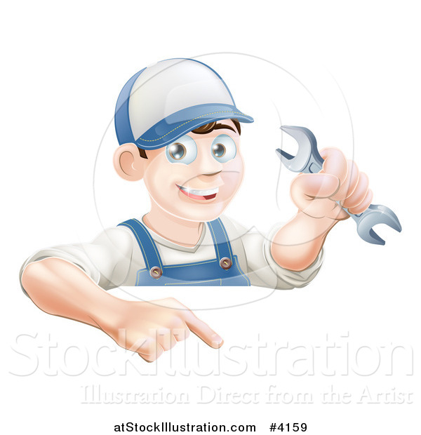 Vector Illustration of a Happy Brunette Worker Man Holding a Wrench and Pointing down at a Sign