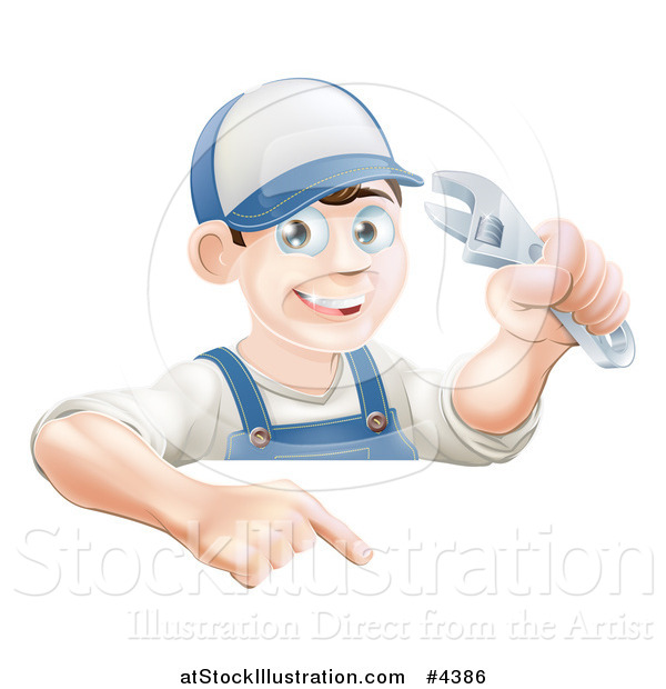 Vector Illustration of a Happy Brunette Worker Man Holding a Wrench and Pointing down to a Sign