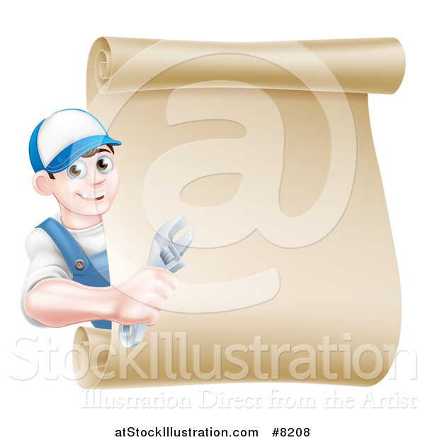 Vector Illustration of a Happy Brunette Young Caucasian Mechanic Man in Blue, Holding an Adjustable Wrench and Looking Around a Blank Scroll Sign