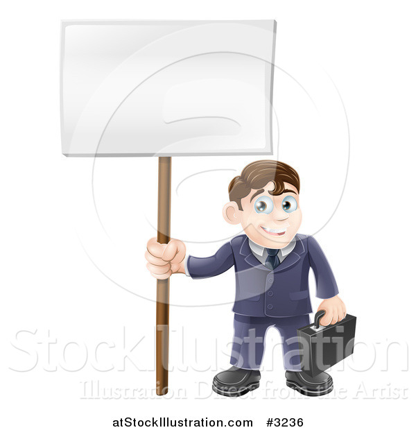 Vector Illustration of a Happy Businessman Carrying a Briefcase and Holding a Sign