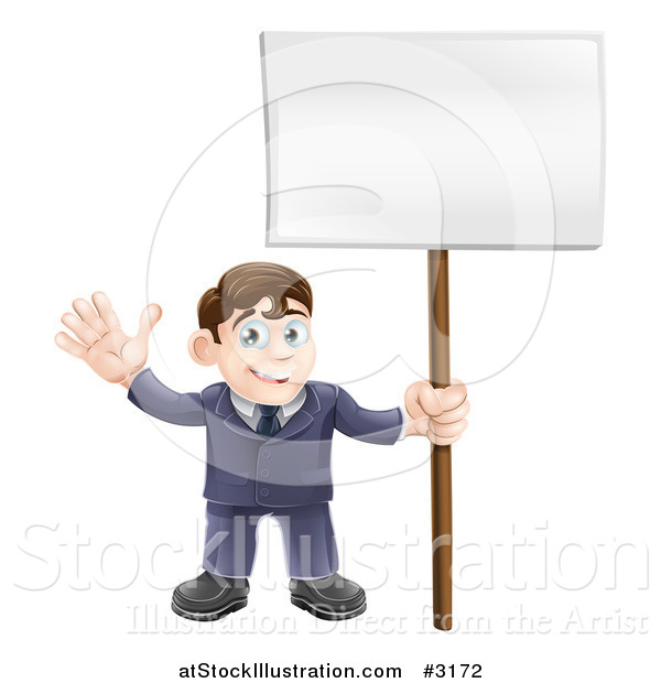 Vector Illustration of a Happy Businessman Waving and Holding a Sign