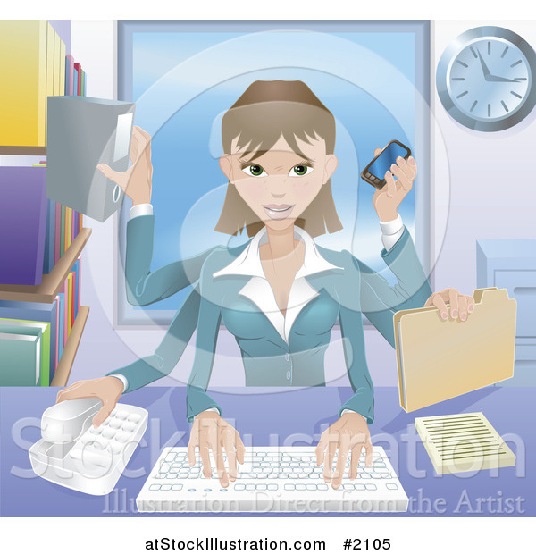 Vector Illustration of a Happy Businesswoman Multi Tasking in Her Office
