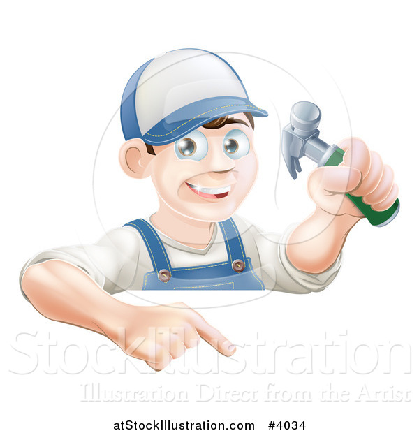 Vector Illustration of a Happy Carpenter Man Holding a Hammer and Pointing down at a Sign