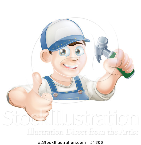 Vector Illustration of a Happy Carpenter Man Holding a Thumb up and Hammer over a Sign