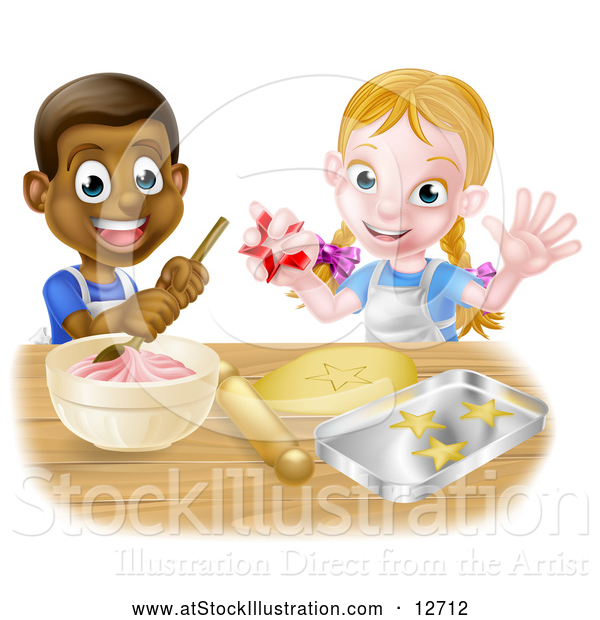 Vector Illustration of a Happy Cartoon Black Boy with White Girl Baking Cookies Together