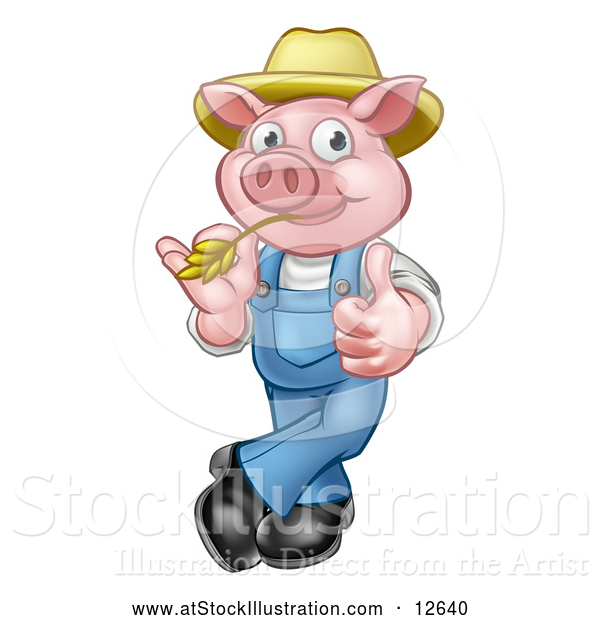Vector Illustration of a Happy Cartoon Pig Mascot Giving Thumb-up Gesture While Biting Straw