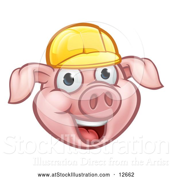 Vector Illustration of a Happy Cartoon Pig Mascot Wearing a Bright Yellow Hard Hat