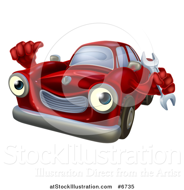 Vector Illustration of a Happy Cartoon Red Car Character Holding a Wrench and Thumb up