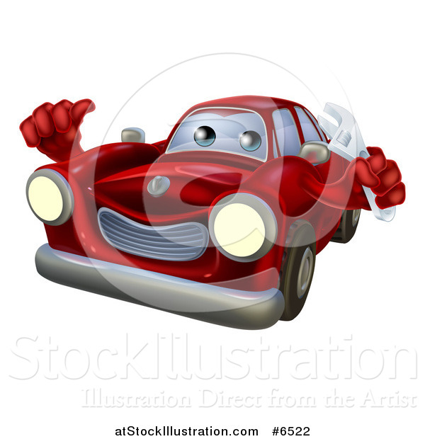 Vector Illustration of a Happy Cartoon Red Car Character Mechanic Holding a Wrench and Thumb up