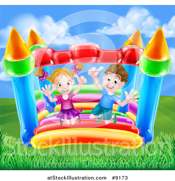 Vector Illustration of a Happy Caucasian Boy and Girl Jumping on a Bouncy House Castle