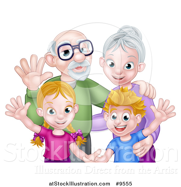 Vector Illustration of a Happy Caucasian Grandparents and Grandchildren Waving