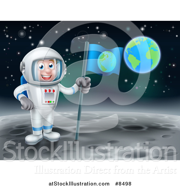 Vector Illustration of a Happy Caucasian Male Astronaut Holding a Flag on the Moon, Earth in the Background