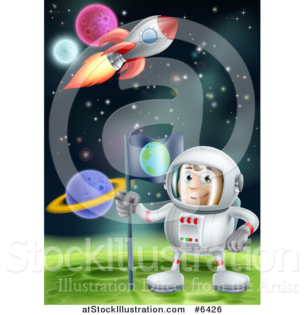 Vector Illustration of a Happy Caucasian Male Astronaut Planting an Earth Flag on a Foreign Planet in Outer Space, with a Rocket Flying Above