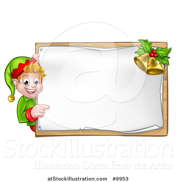 Vector Illustration of a Happy Caucasian Male Christmas Elf Pointing Aorund a Blank Sign with Bells