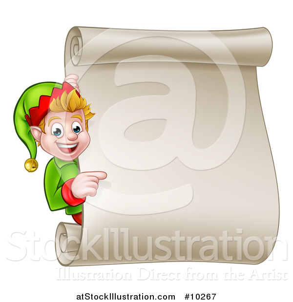 Vector Illustration of a Happy Caucasian Male Christmas Elf Pointing Around a Blank Scroll Sign