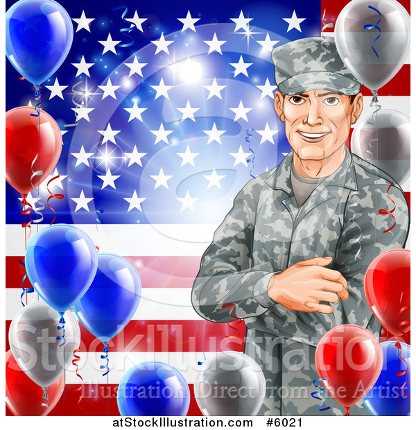 Vector Illustration of a Happy Caucasian Male Military Veteran over an American Flag and Balloons