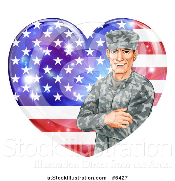 Vector Illustration of a Happy Caucasian Male Military Veteran over an American Flag Heart and Flares
